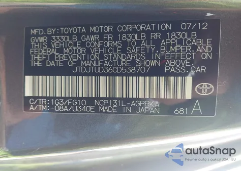 2012 Toyota Yaris L from USA, damaged, VIN JTDJTUD36CD538707